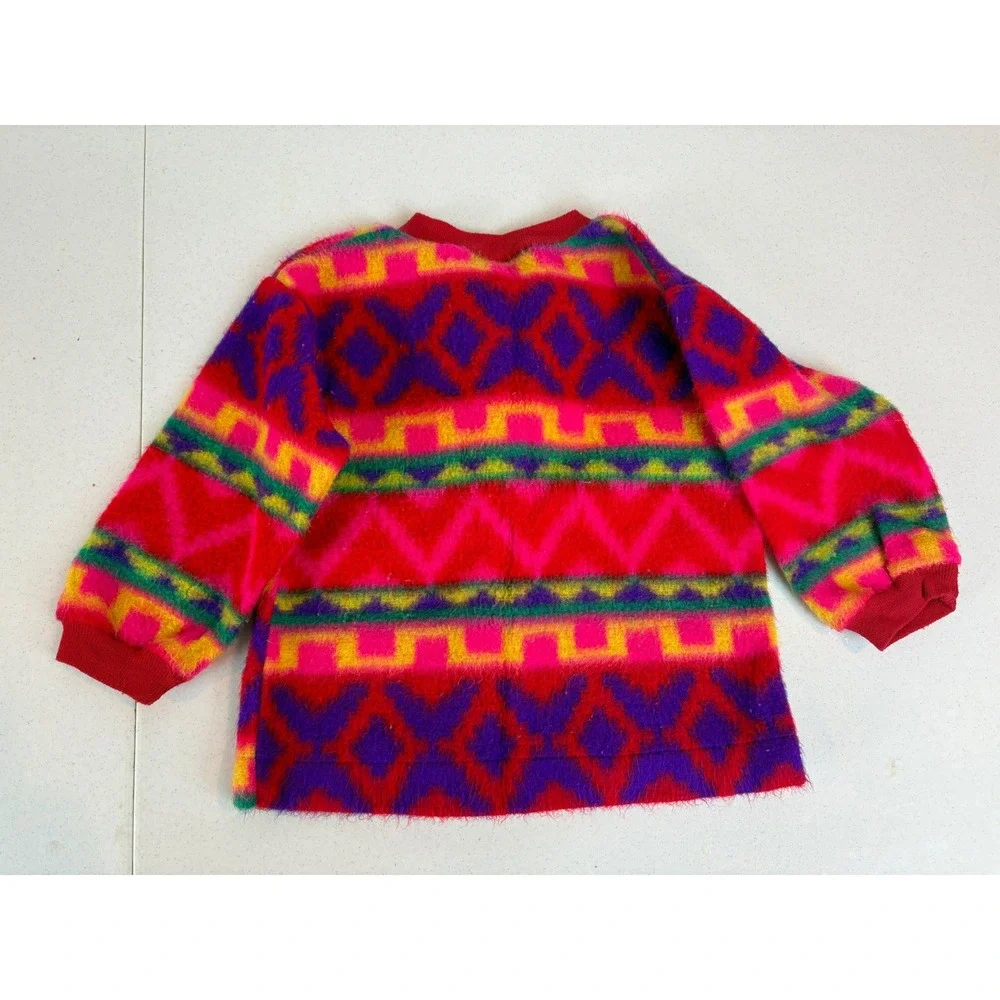 Vintage Okie Dokie Toddler 3T Fuzzy Neon Geometric Bow Cardigan Sweater Pink 90s